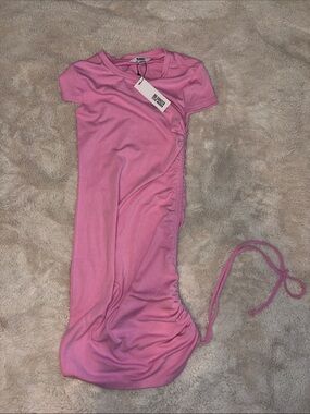 BB Dakota Pink Ribbed Midi Dress with Side Ruched Tie
